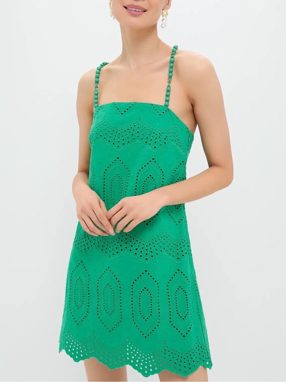 Green Eyelet Mini Dress with Beaded Straps